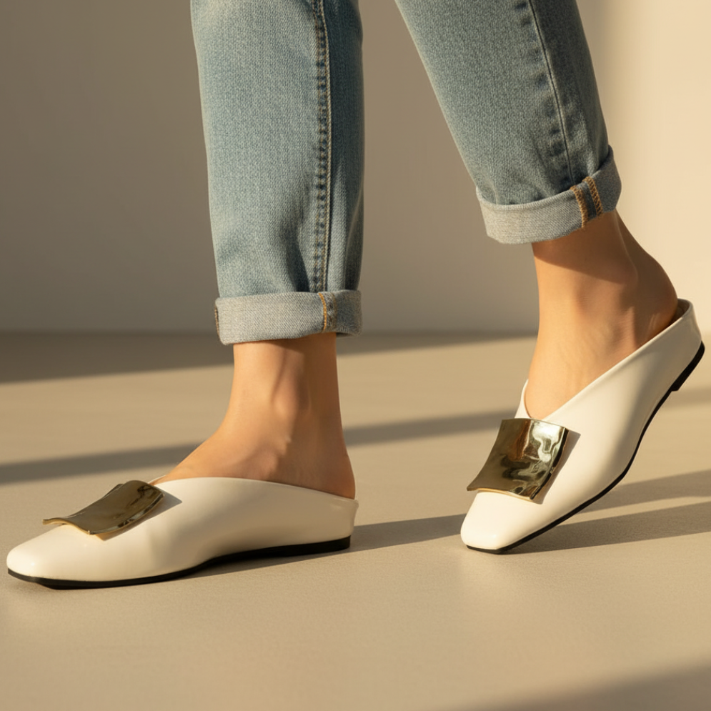 Margaux | Square Toe Gold Hardware Mule Orthopedic Flats in Leather