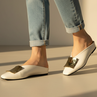 Margaux | Square Toe Gold Hardware Mule Orthopedic Flats in Leather