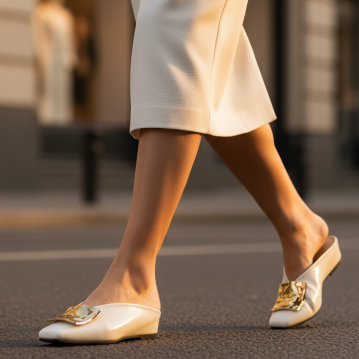 Margaux | Square Toe Gold Hardware Mule Orthopedic Flats in Leather