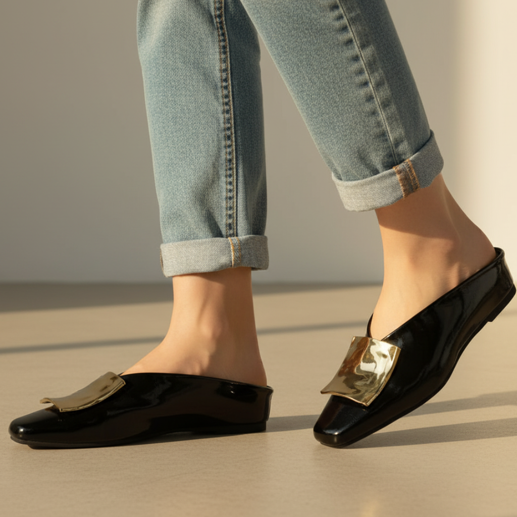Margaux | Square Toe Gold Hardware Mule Orthopedic Flats in Leather