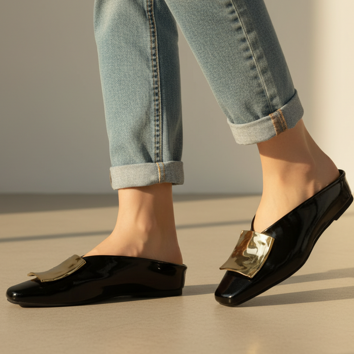 Margaux | Square Toe Gold Hardware Mule Orthopedic Flats in Leather