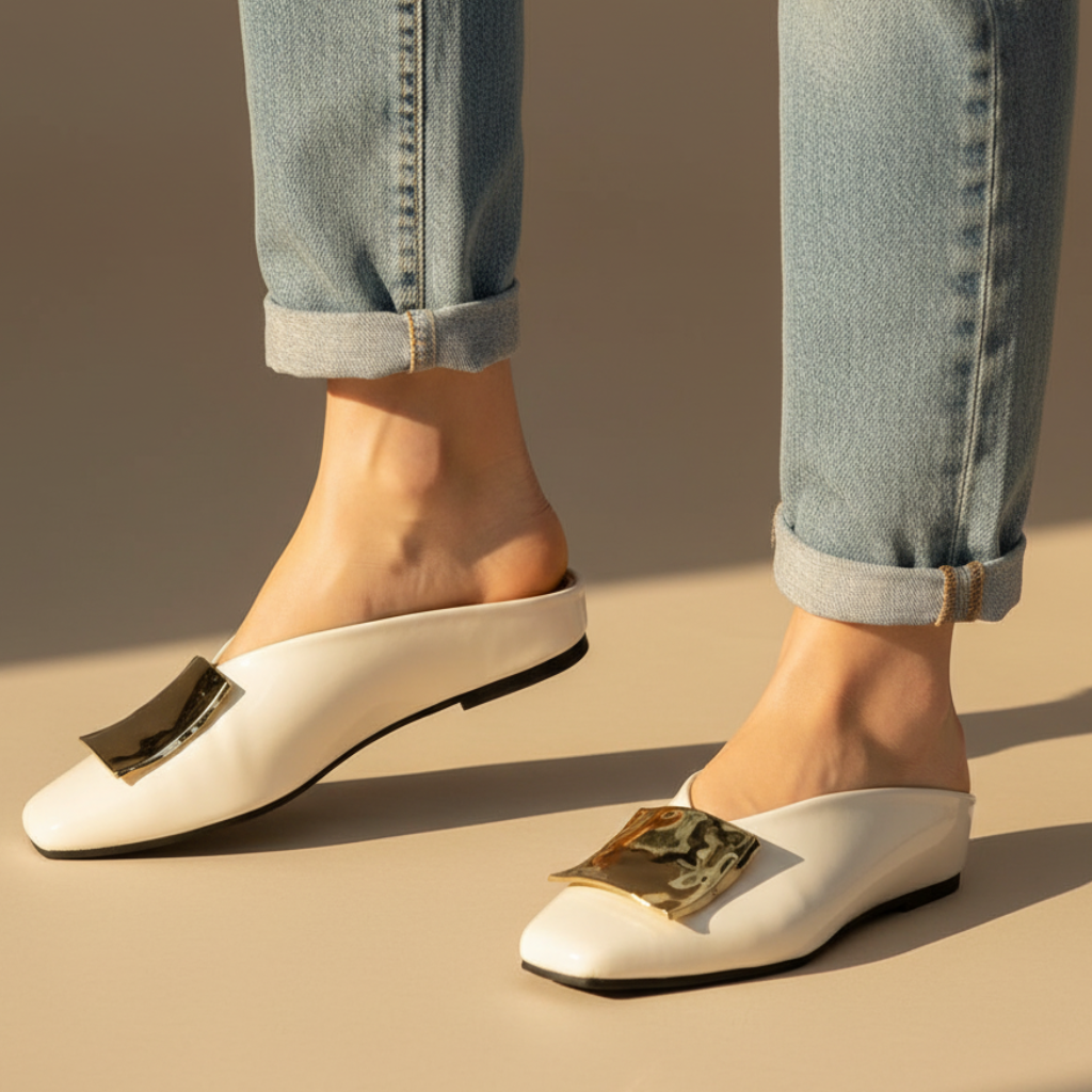 Margaux | Square Toe Gold Hardware Mule Orthopedic Flats in Leather