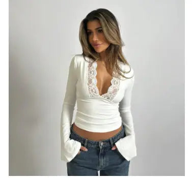 Isadora | Women's Long Sleeve Lace Trim Top with Deep V-Neckline