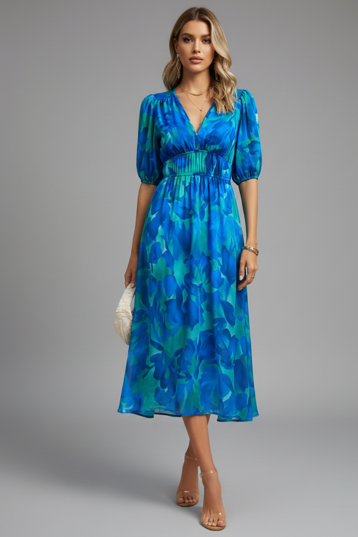 Rosamund | Women's V-Neck Floral Summer Dress with Puff Sleeve