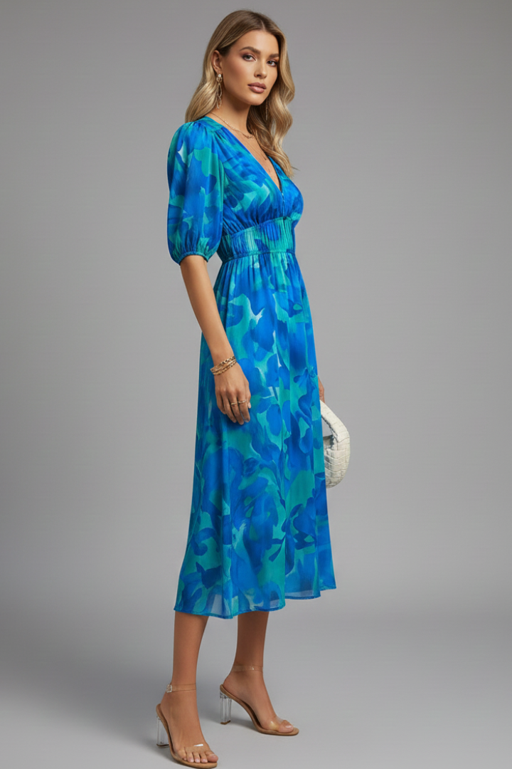 Rosamund | Women's V-Neck Floral Summer Dress with Puff Sleeve