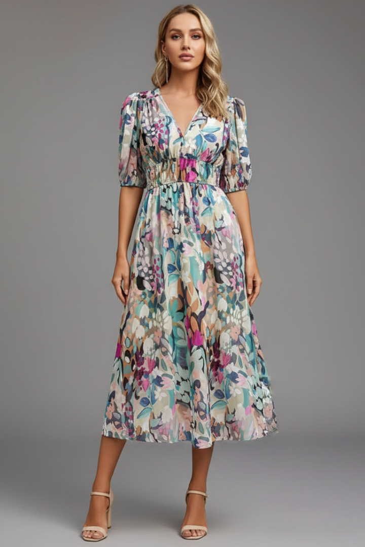Rosamund | Women's V-Neck Floral Summer Dress with Puff Sleeve