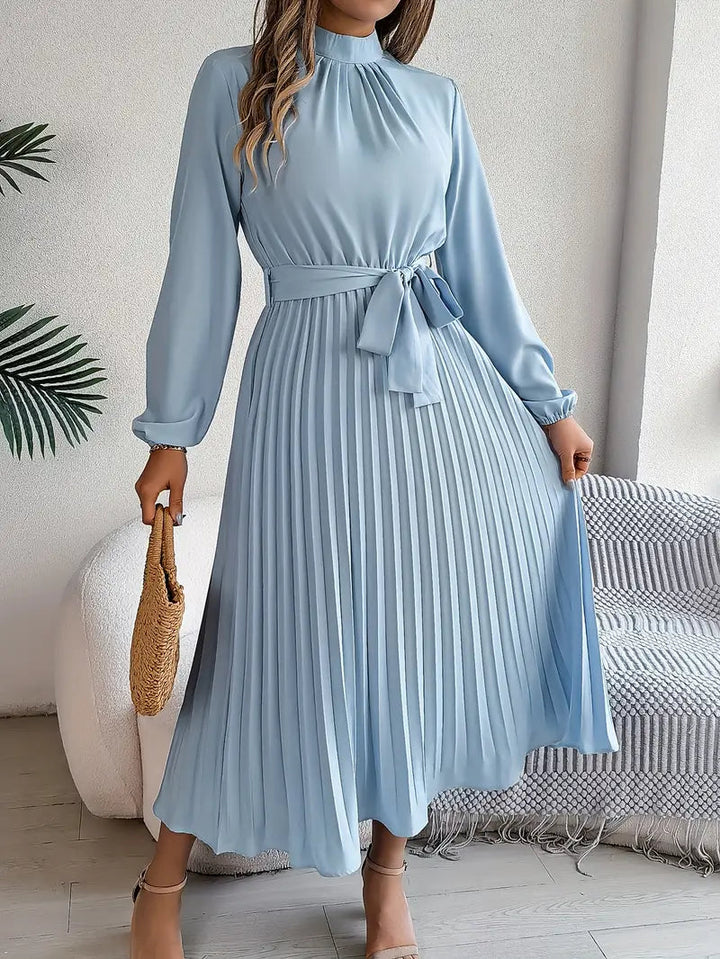 Isabelle | Long Sleeve Womens Pleated Midi Dress with Tie Waist