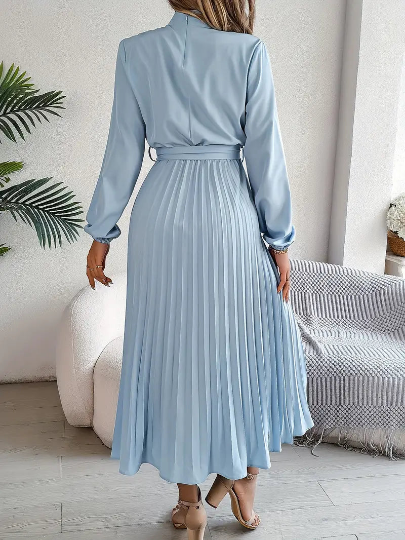 Isabelle | Long Sleeve Womens Pleated Midi Dress with Tie Waist