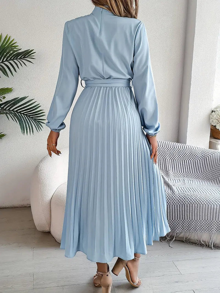 Isabelle | Long Sleeve Womens Pleated Midi Dress with Tie Waist
