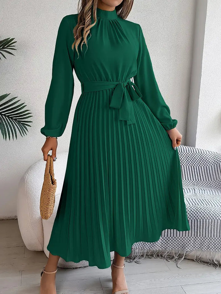 Isabelle | Long Sleeve Womens Pleated Midi Dress with Tie Waist