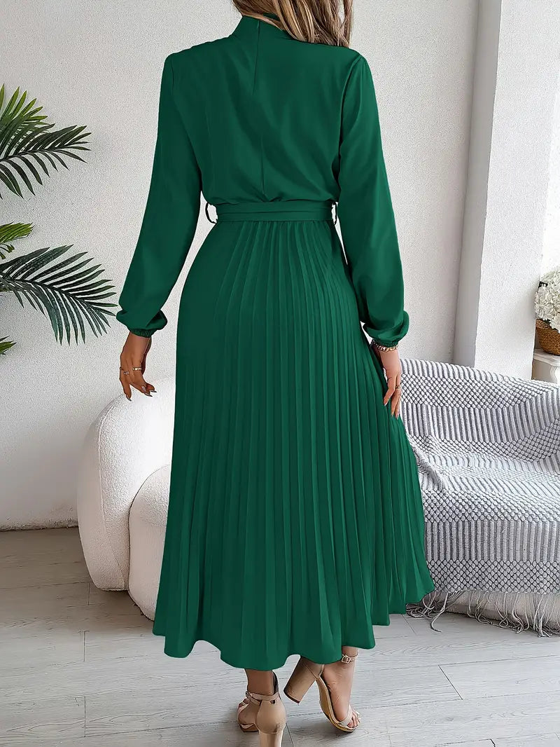 Isabelle | Long Sleeve Womens Pleated Midi Dress with Tie Waist