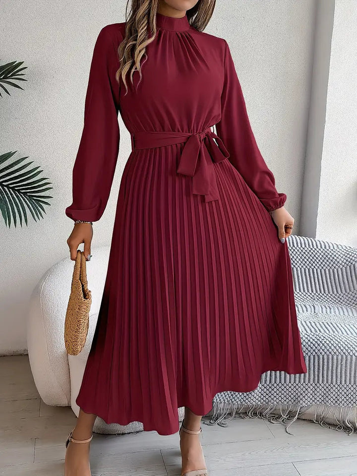 Isabelle | Long Sleeve Womens Pleated Midi Dress with Tie Waist