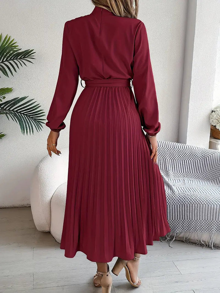 Isabelle | Long Sleeve Womens Pleated Midi Dress with Tie Waist