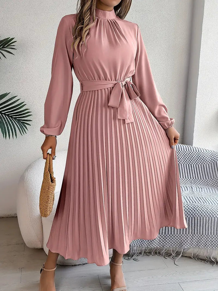 Isabelle | Long Sleeve Womens Pleated Midi Dress with Tie Waist