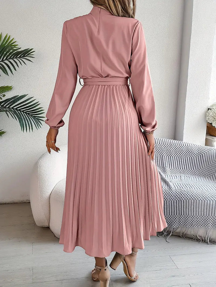 Isabelle | Long Sleeve Womens Pleated Midi Dress with Tie Waist