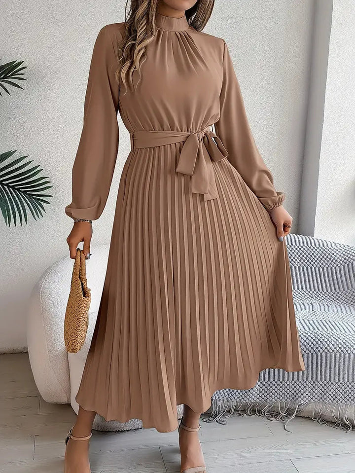 Isabelle | Long Sleeve Womens Pleated Midi Dress with Tie Waist