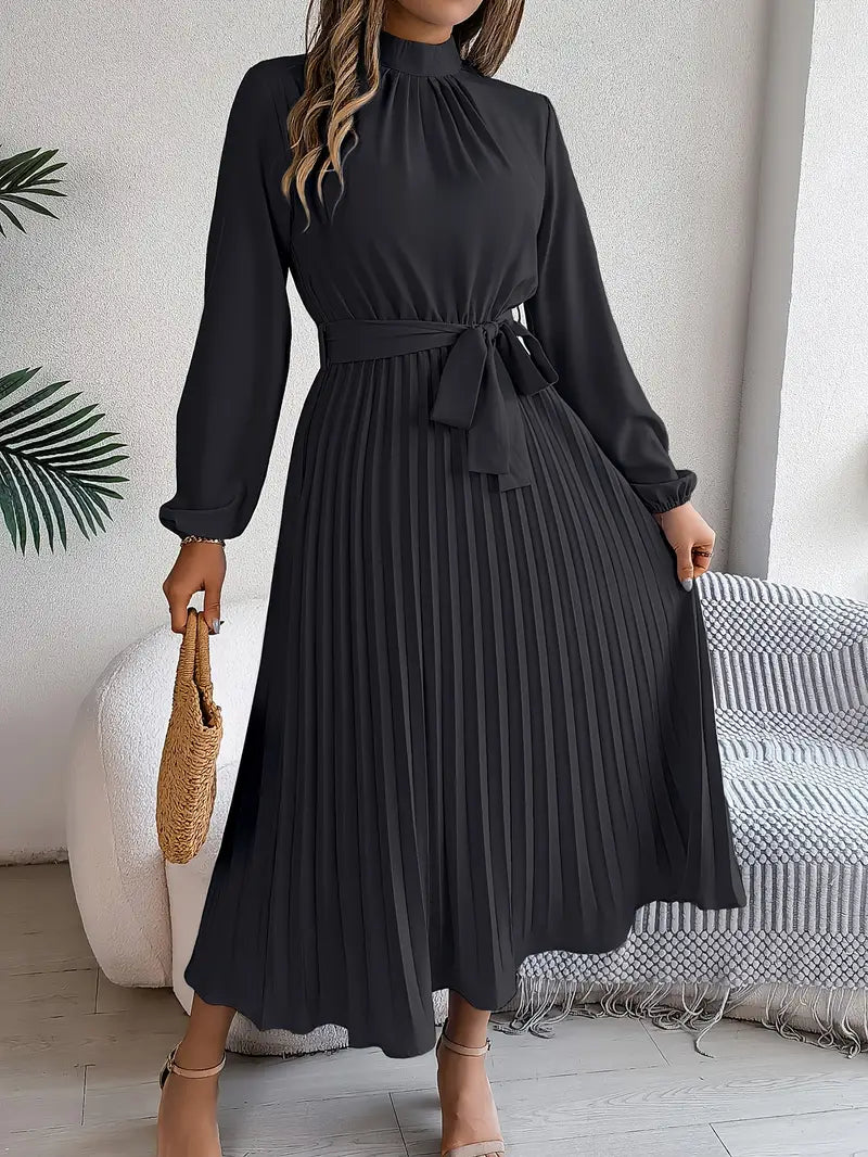 Isabelle | Long Sleeve Womens Pleated Midi Dress with Tie Waist