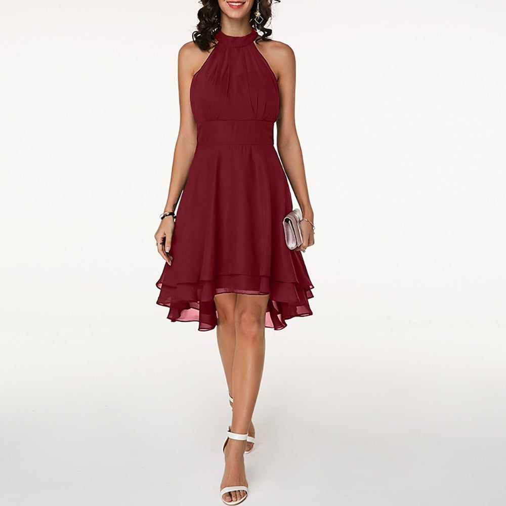 Rosalind | Pleated High-Low Tiered Halter Neck Dress