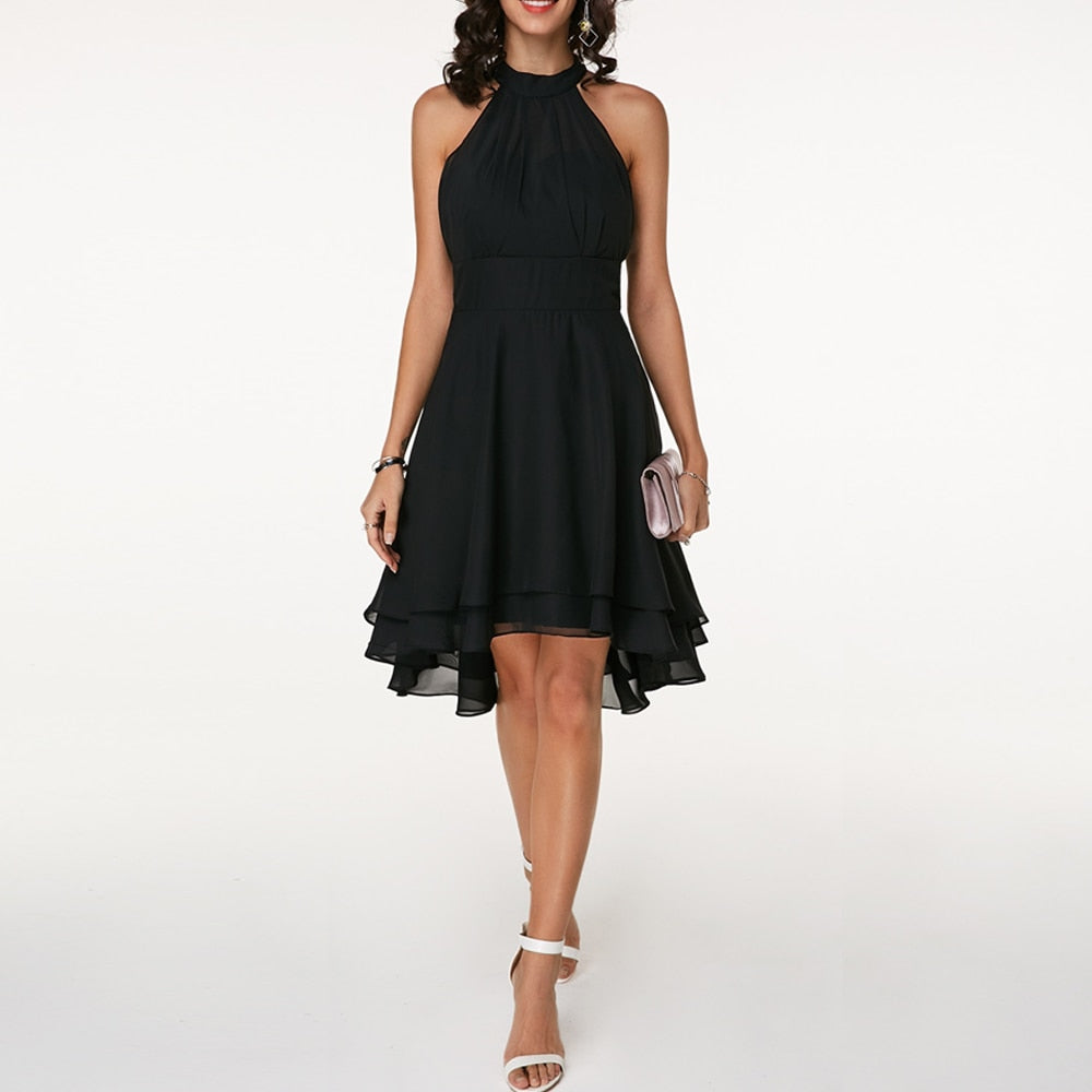 Rosalind | Pleated High-Low Tiered Halter Neck Dress