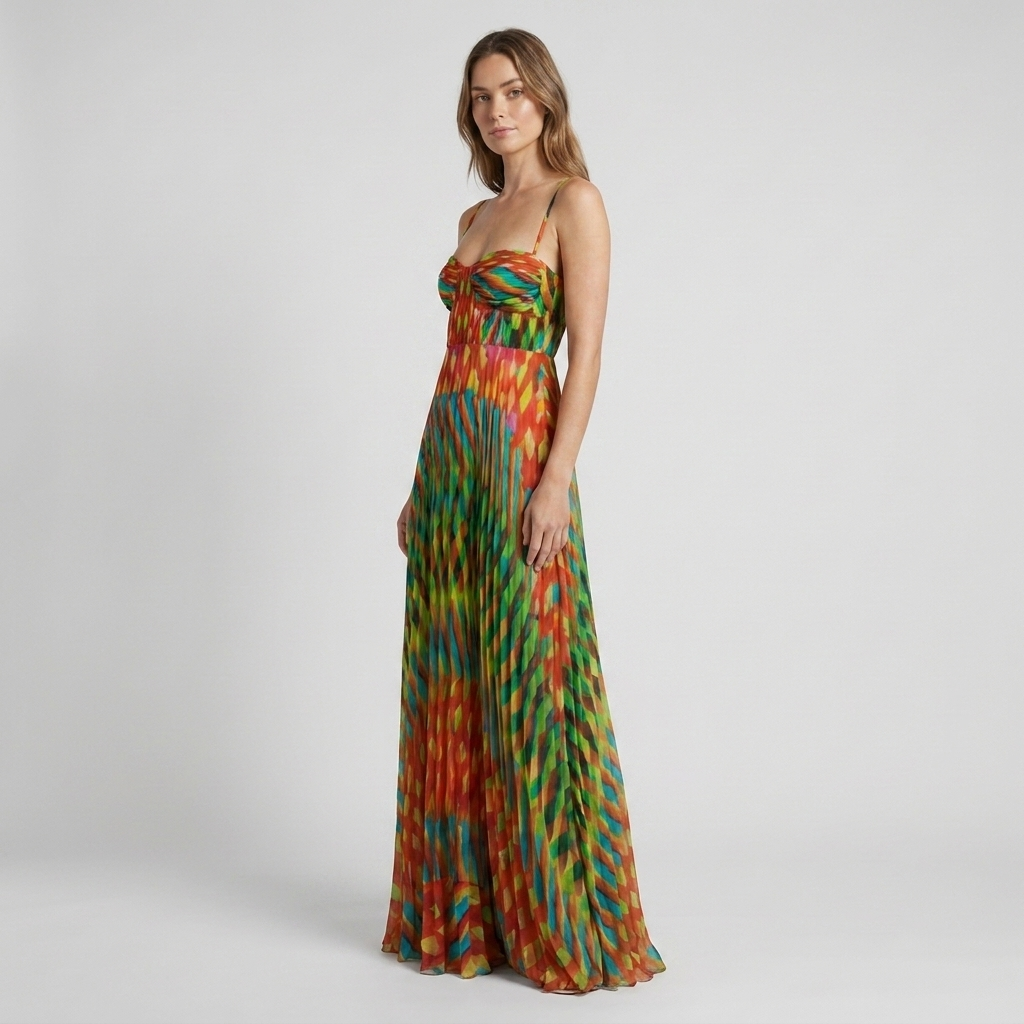 Women's Multicolor Printed Pleated Maxi Summer Dress with Bustier Bodice & Adjustable Straps 1