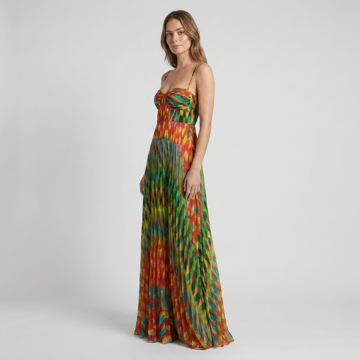 Women's Multicolor Printed Pleated Maxi Summer Dress with Bustier Bodice & Adjustable Straps 1