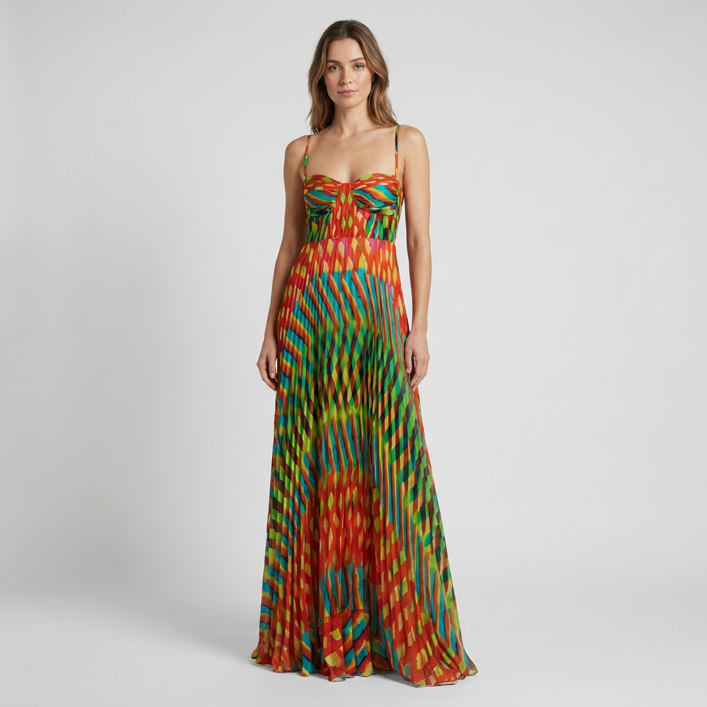 Women's Multicolor Printed Pleated Maxi Summer Dress with Bustier Bodice & Adjustable Straps 0
