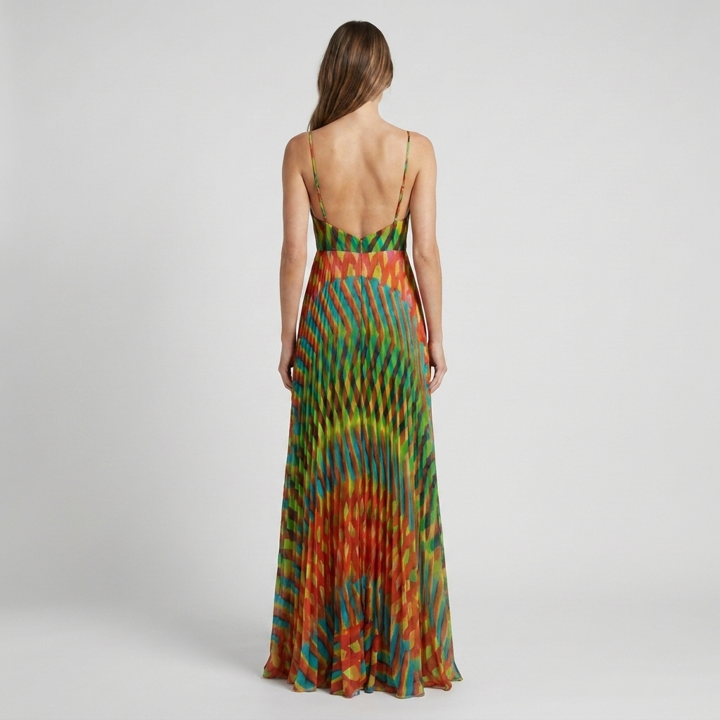 Women's Multicolor Printed Pleated Maxi Summer Dress with Bustier Bodice & Adjustable Straps 2