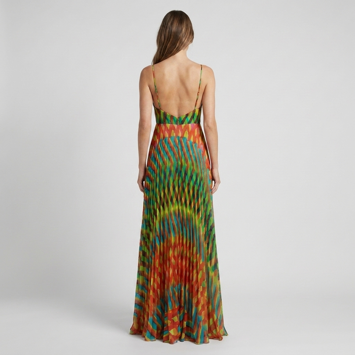 Women's Multicolor Printed Pleated Maxi Summer Dress with Bustier Bodice & Adjustable Straps 2