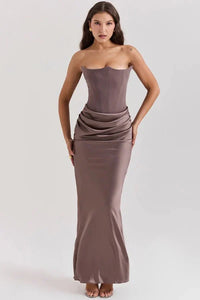 Nadine | Corset Bodice Ruched Satin Off Shoulder Dress