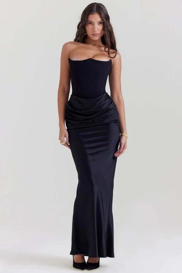 Nadine | Corset Bodice Ruched Satin Off Shoulder Dress
