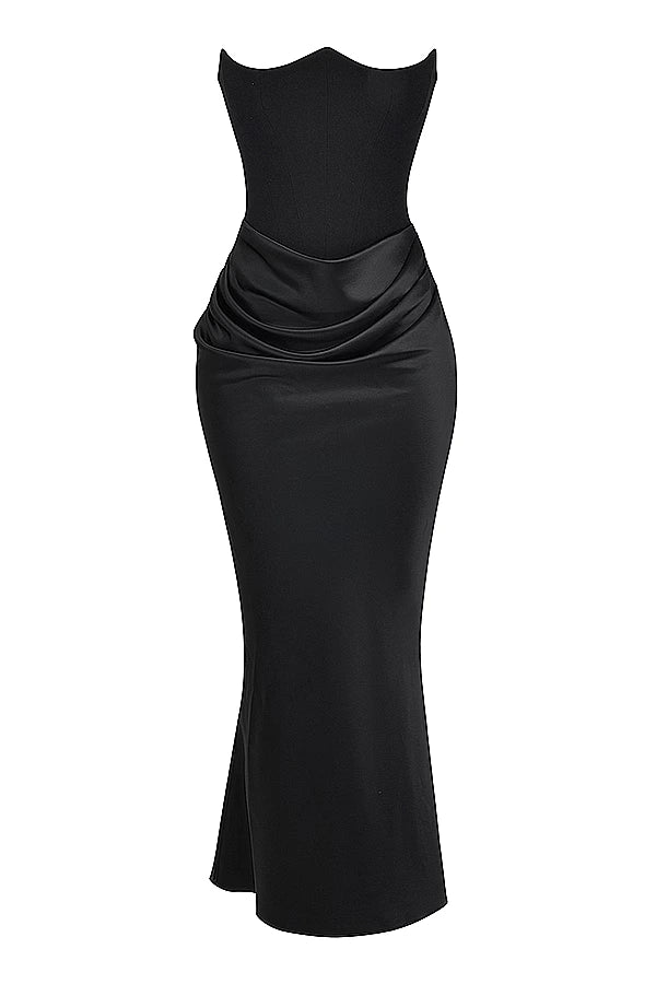Nadine | Corset Bodice Ruched Satin Off Shoulder Dress