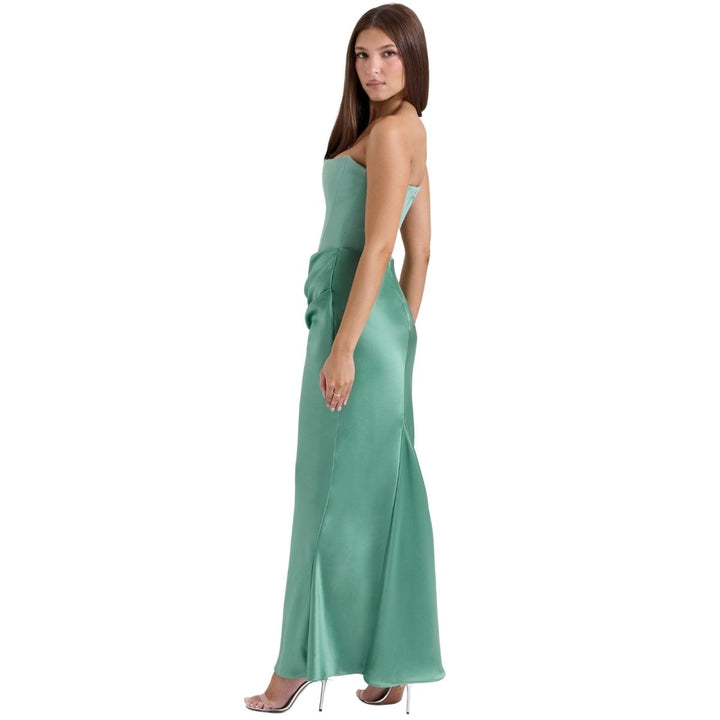 Nadine | Corset Bodice Ruched Satin Off Shoulder Dress