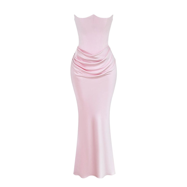 Nadine | Corset Bodice Ruched Satin Off Shoulder Dress