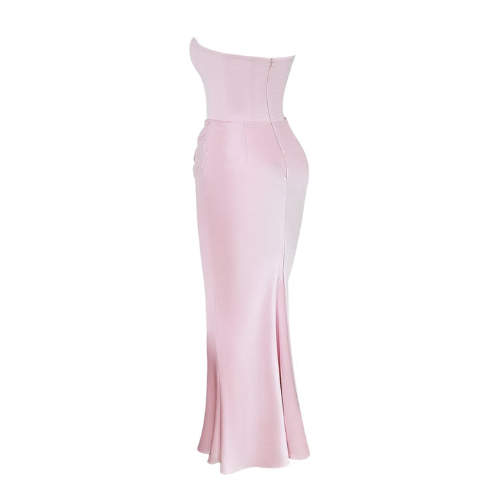 Nadine | Corset Bodice Ruched Satin Off Shoulder Dress