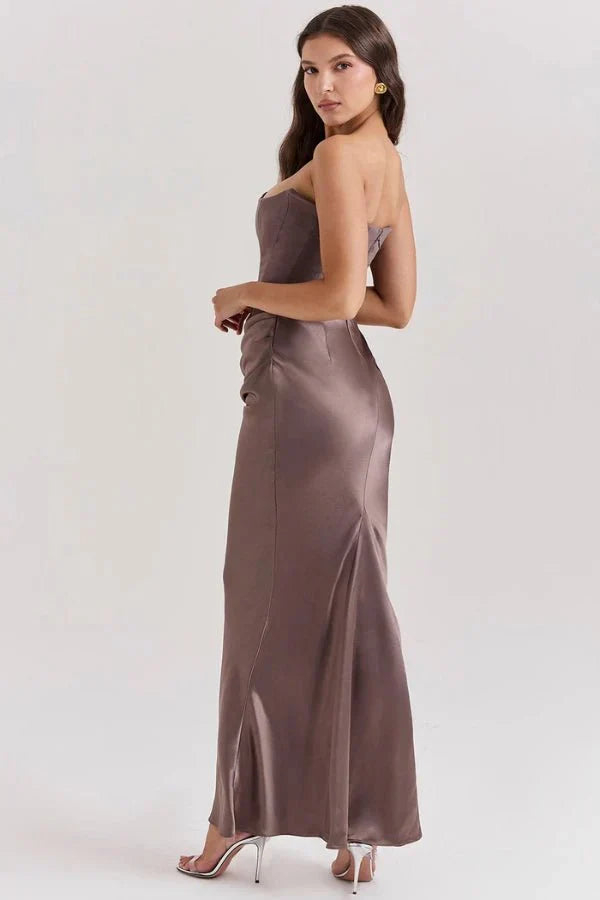 Nadine | Corset Bodice Ruched Satin Off Shoulder Dress