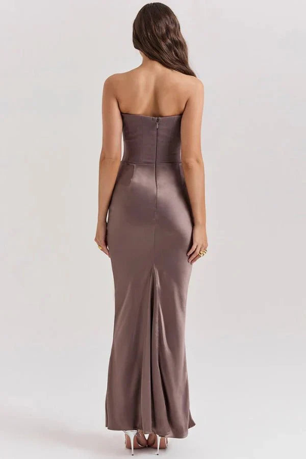 Nadine | Corset Bodice Ruched Satin Off Shoulder Dress