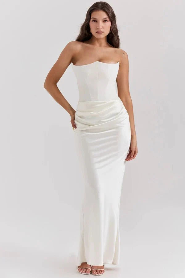 Nadine | Corset Bodice Ruched Satin Off Shoulder Dress