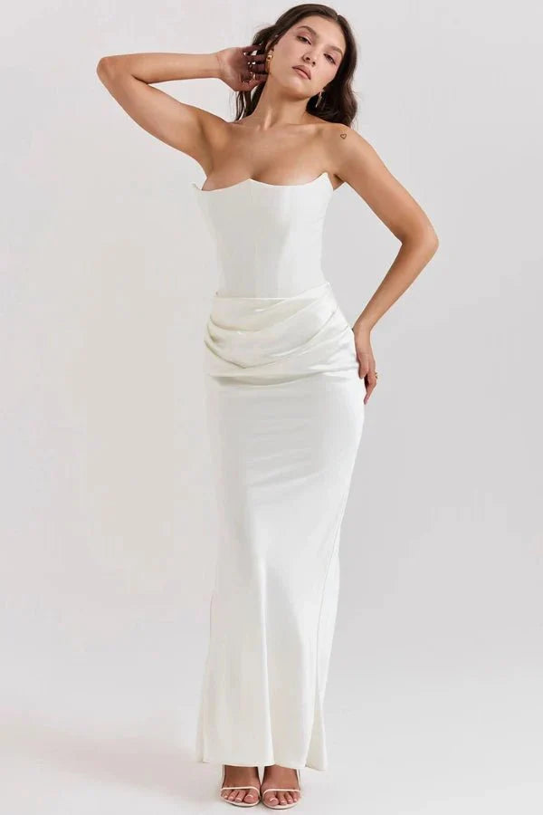 Nadine | Corset Bodice Ruched Satin Off Shoulder Dress