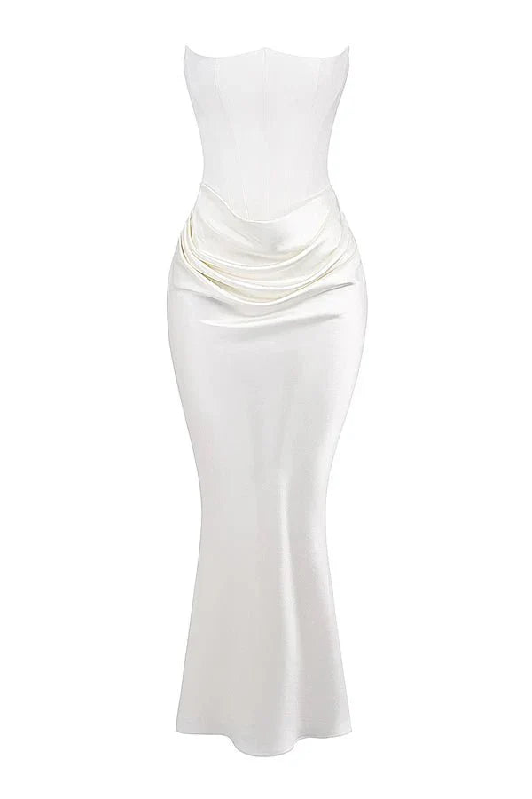 Nadine | Corset Bodice Ruched Satin Off Shoulder Dress