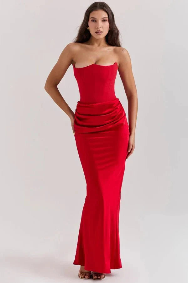Nadine | Corset Bodice Ruched Satin Off Shoulder Dress