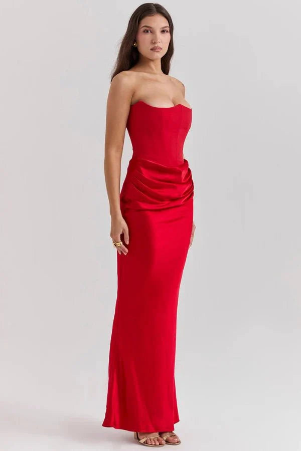 Nadine | Corset Bodice Ruched Satin Off Shoulder Dress
