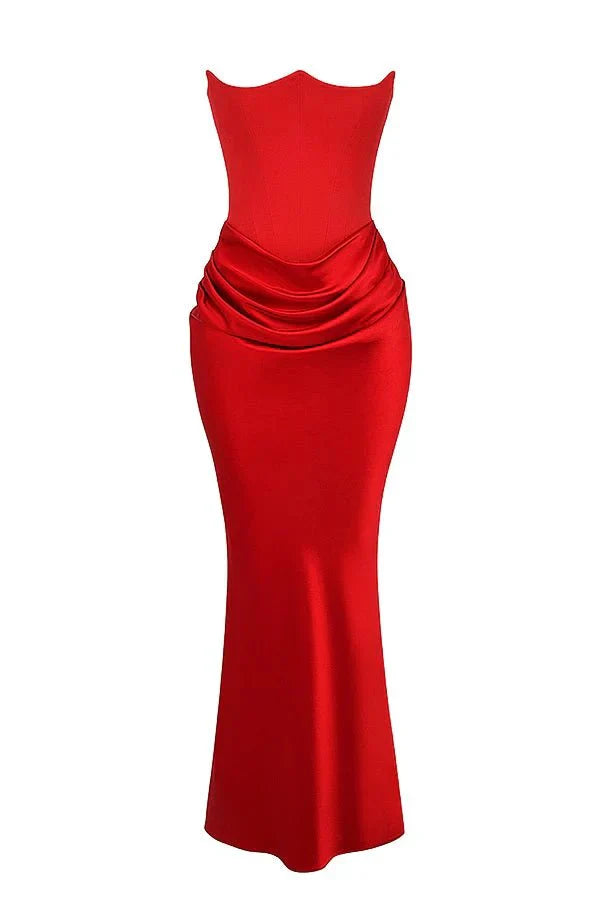Nadine | Corset Bodice Ruched Satin Off Shoulder Dress