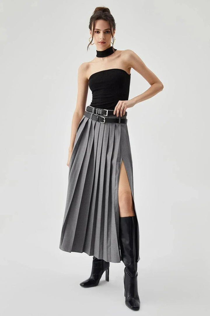 Wren | Women's Pleated Double Belt Slit Maxi Skirt