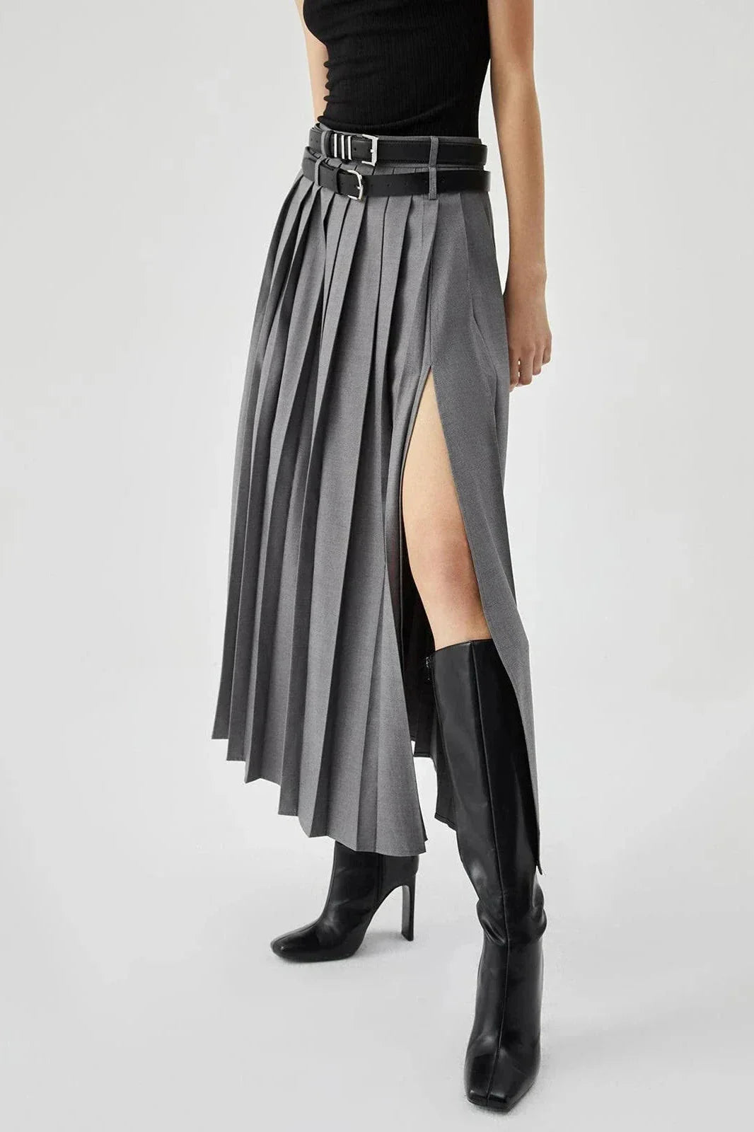 Wren | Women's Pleated Double Belt Slit Maxi Skirt
