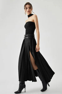 Women's High-Waisted Pleated Maxi Skirt with Double Buckle Belt & High Side Slit – Woven Fabric