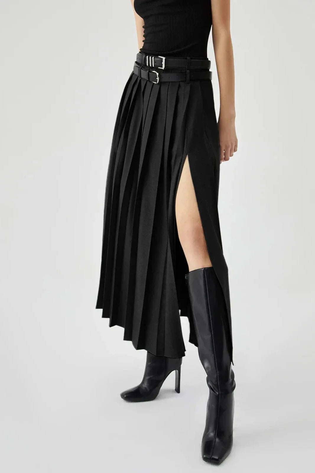 Wren | Women's Pleated Double Belt Slit Maxi Skirt