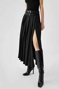 Wren | Women's Pleated Double Belt Slit Maxi Skirt