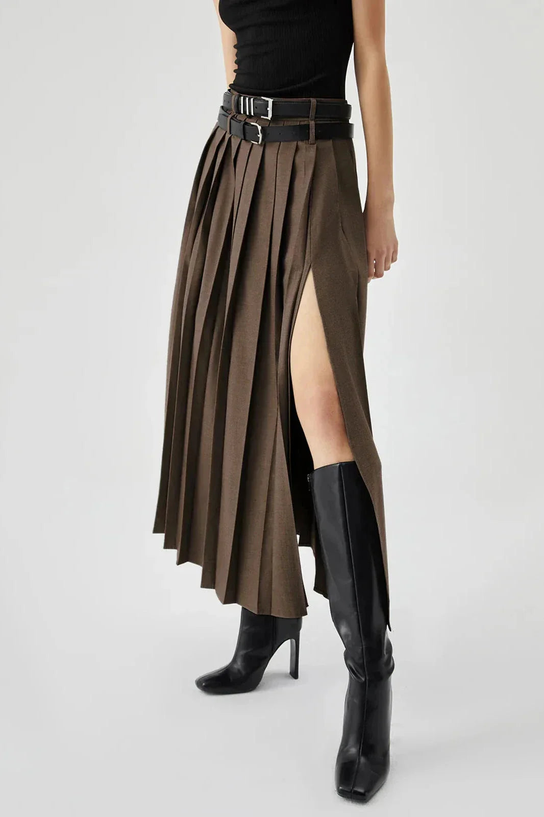 Wren | Women's Pleated Double Belt Slit Maxi Skirt