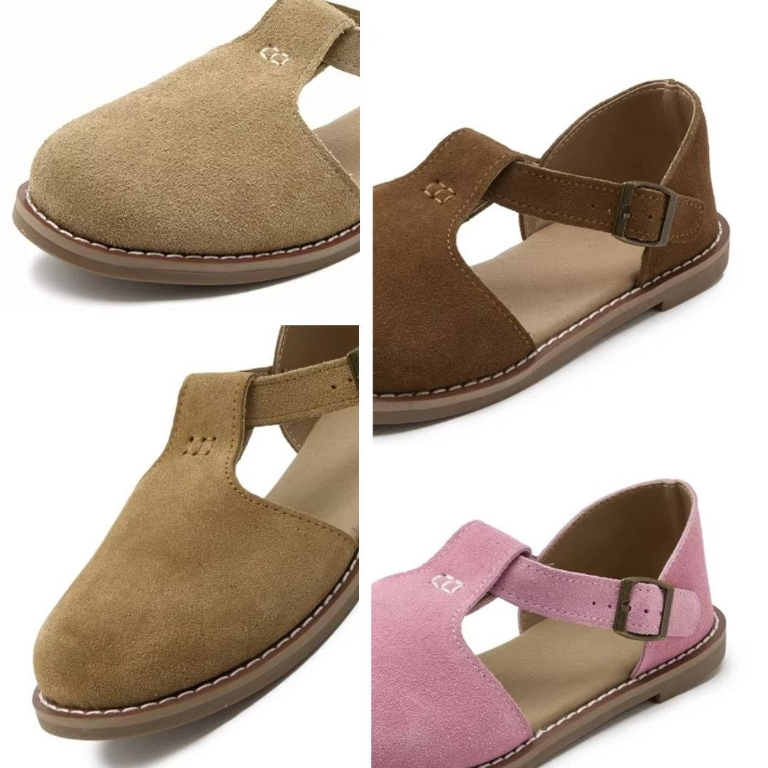 Darcy | Suede T-Bar Cutout Buckle Orthopedic Flats with Rubber Sole