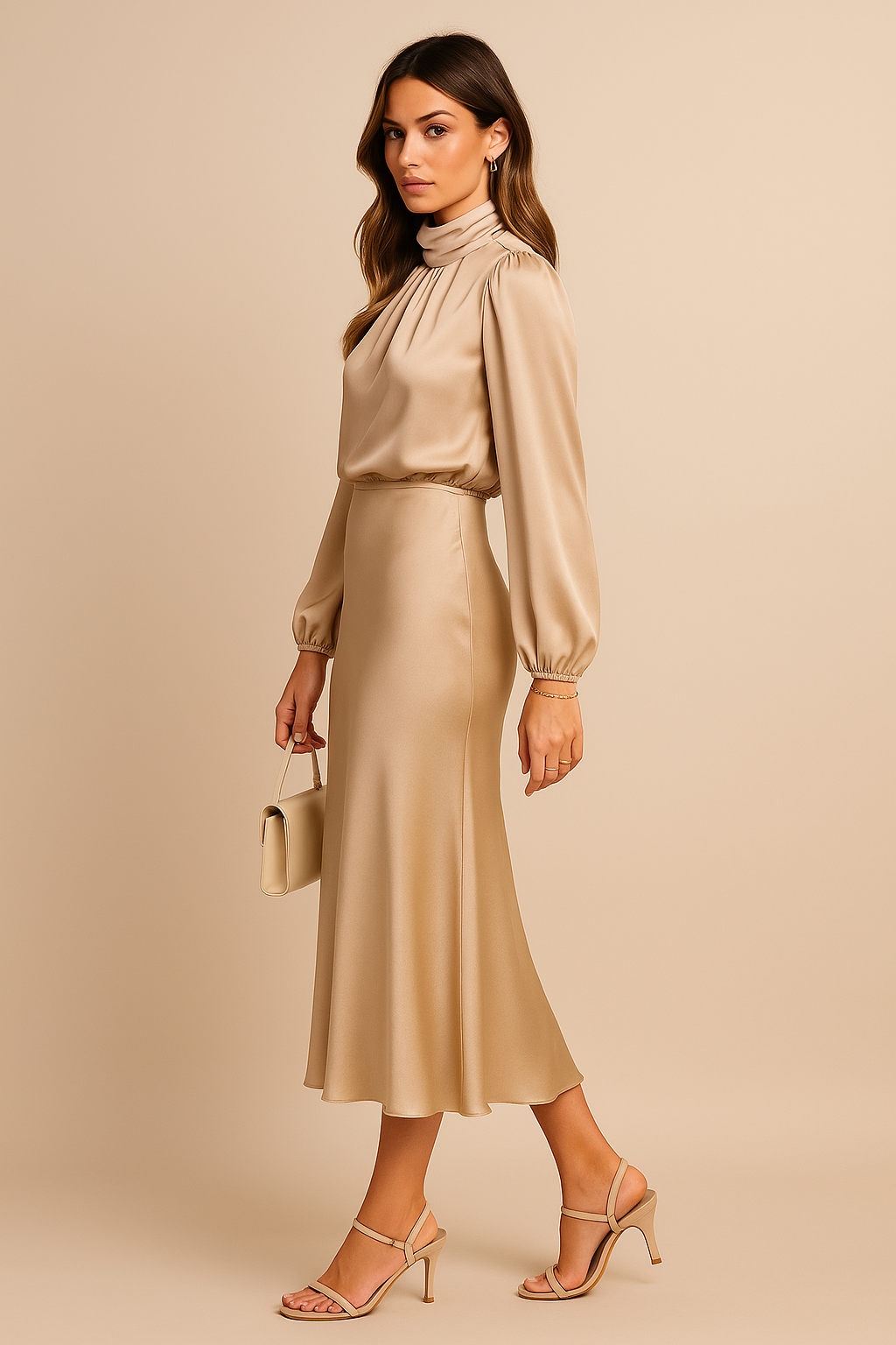 Claudette | Mock Neck Balloon Sleeve Satin Cocktail Dress with Midi Skirt